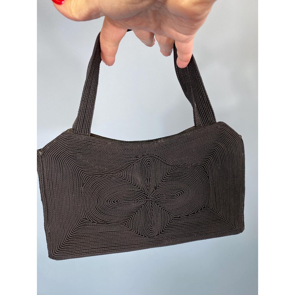 Vintage 1940s Black Corde Handbag, Compartment Purse